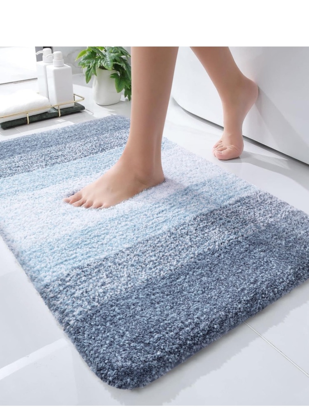 Bath Mat 100% Microfiber 1” Thick with Anti-Slip Rubber Back - BLUE